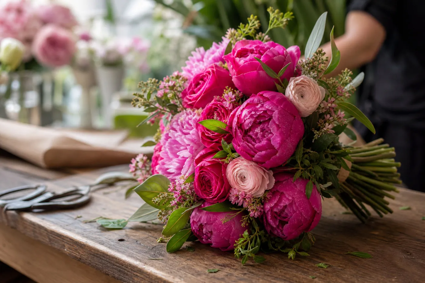 Bouquet de fleurs fraîches dominé par des pivoines rose magenta, préparé sur une table d’atelier de fleuriste.