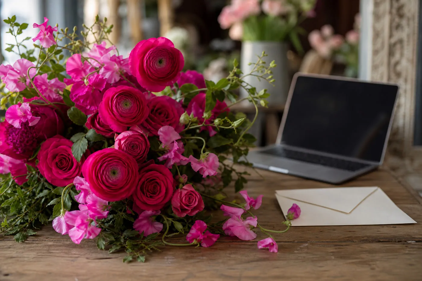 Carnet ouvert près d’un bouquet de dahlias rose magenta vif pour préparer une demande à une rédaction florale.